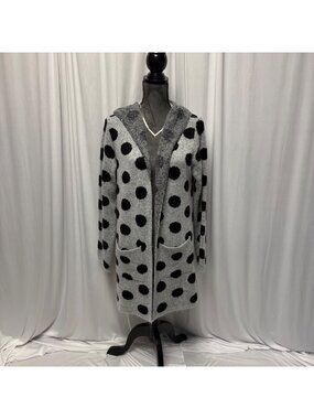 ByDesign Polka Dot Cardigan Womens XL Gray Black Hooded Long Open Front Sweater